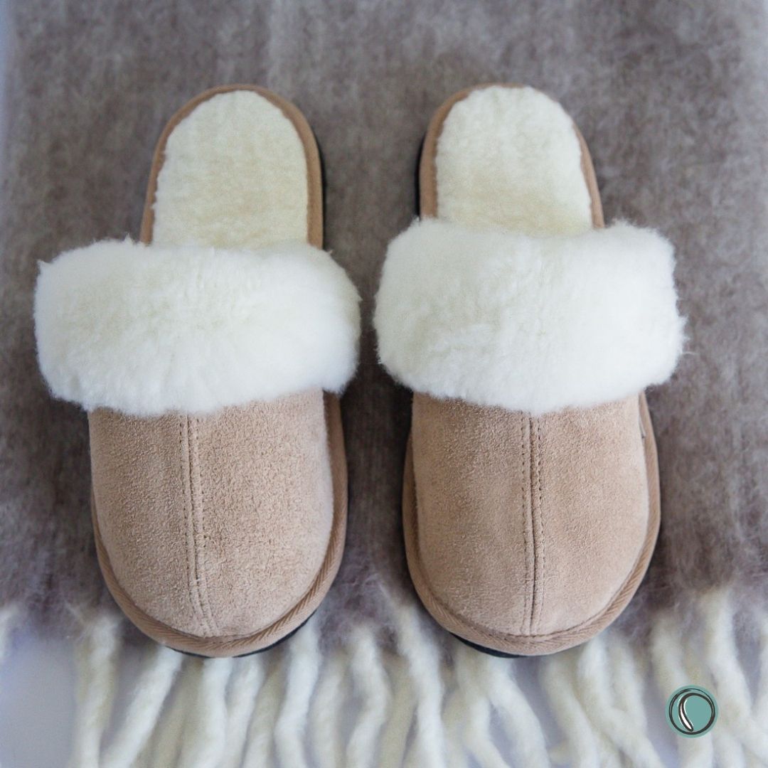 Mule Wool Collar Slippers | Slip-On | Stone | Suede & Sheepskin