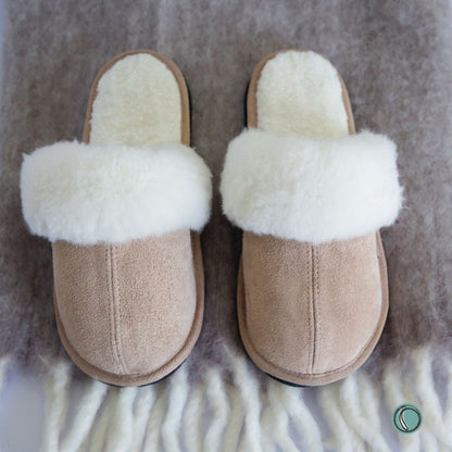 Mule Wool Collar Slippers | Slip-On | Stone | Suede & Sheepskin