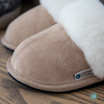 Mule Wool Collar Slippers | Slip-On | Stone | Suede & Sheepskin