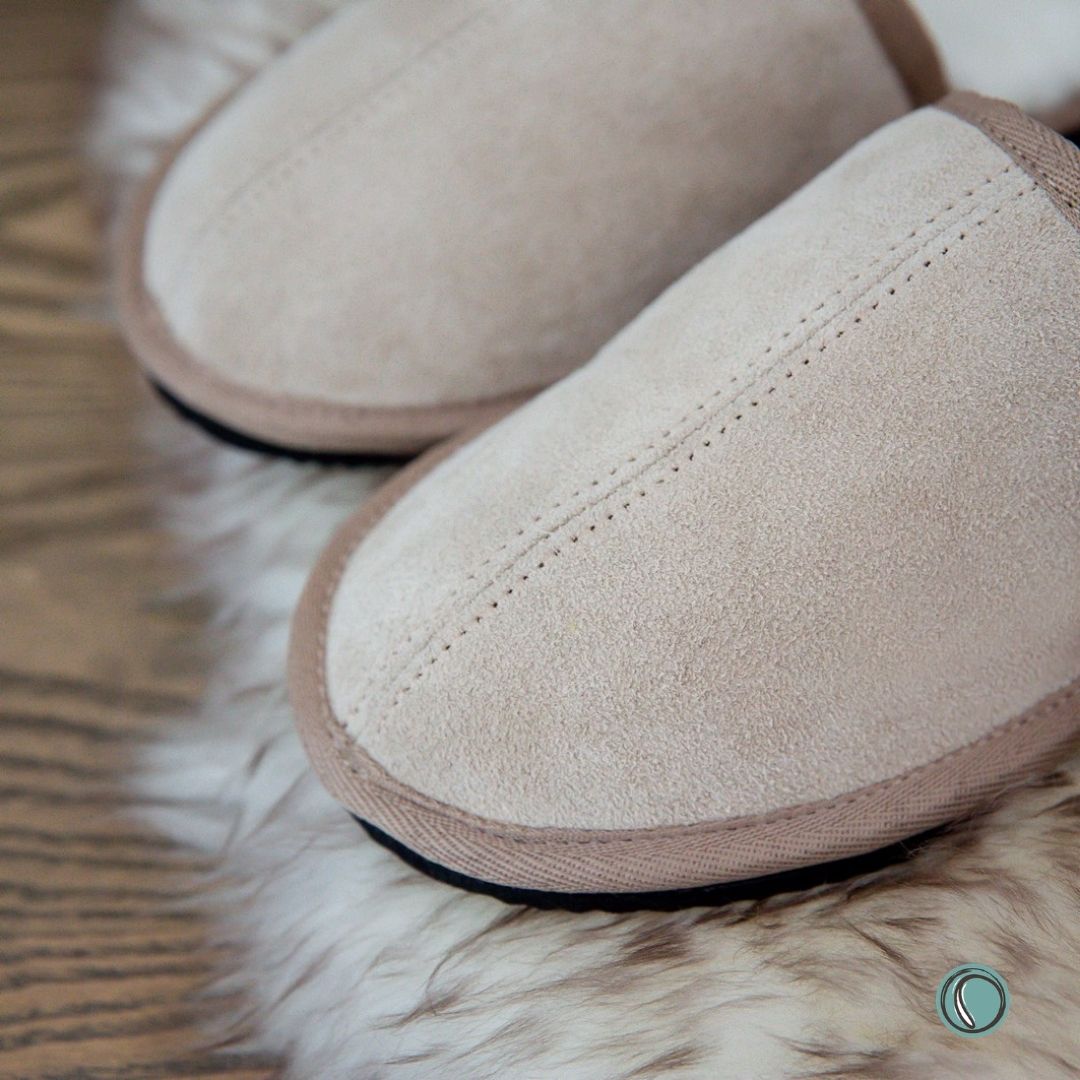 Mule Binding Collar Slippers | Slip-On | Stone | Suede & Sheepskin