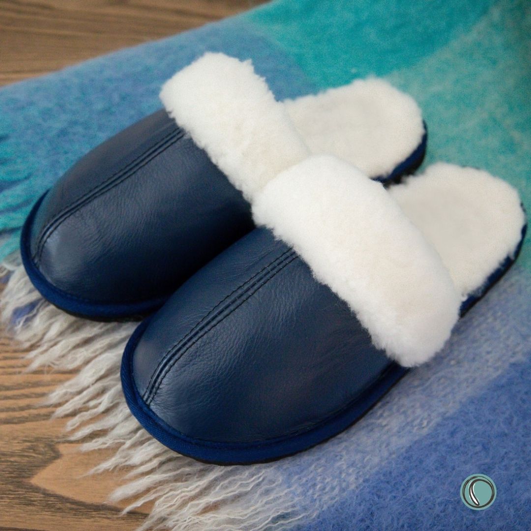 Mule Wool Collar Slippers | Slip-On | Navy Blue | Leather & Sheepskin | MADE TO ORDER