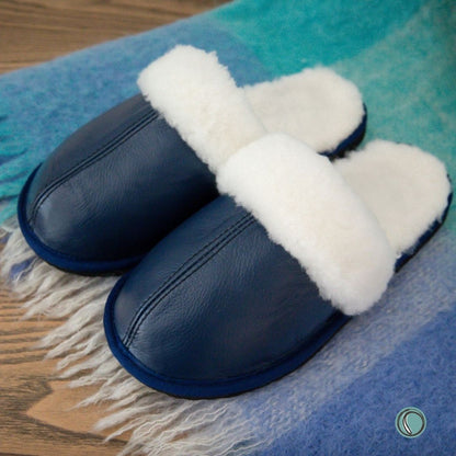 Mule Wool Collar Slippers | Slip-On | Navy Blue | Leather & Sheepskin | MADE TO ORDER