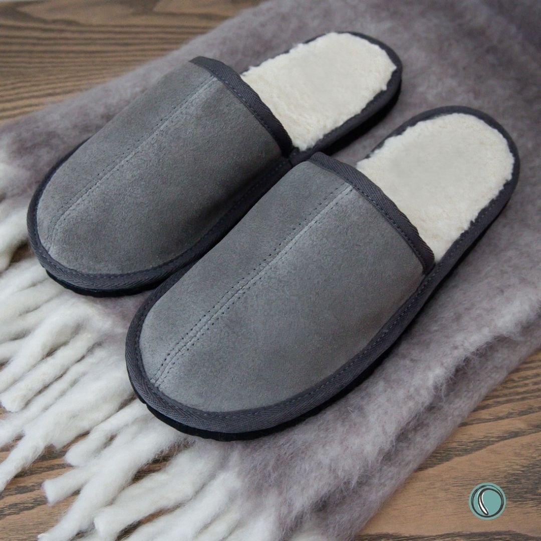 Mule Binding Collar Slippers | Slip-On | Charcoal | Suede & Sheepskin