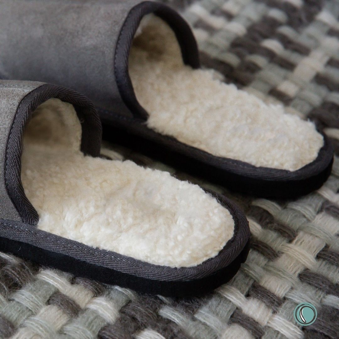 Mule Binding Collar Slippers | Slip-On | Charcoal | Suede & Sheepskin