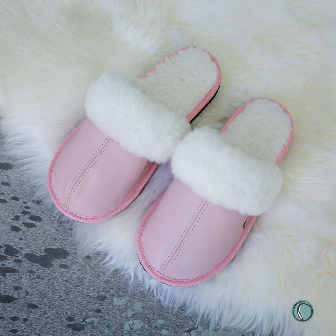 Mule Wool Collar Slippers | Slip-On | Rosy Pink | Leather & Sheepskin