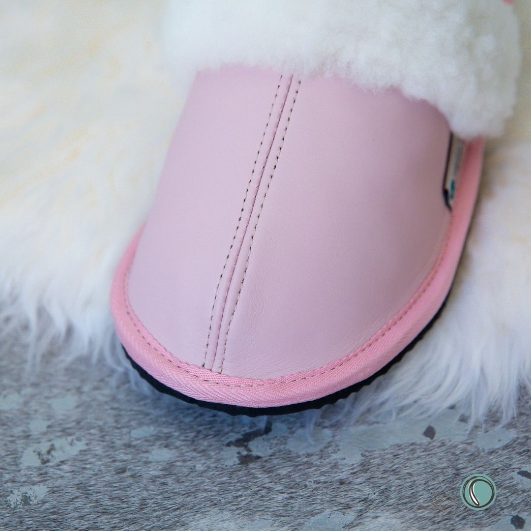 Mule Wool Collar Slippers | Slip-On | Rosy Pink | Leather & Sheepskin