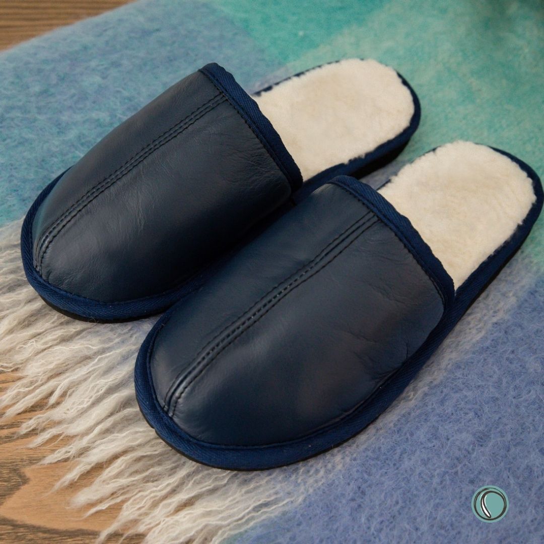 Mule Binding Collar Slippers | Slip-On | Navy Blue | Leather & Sheepskin