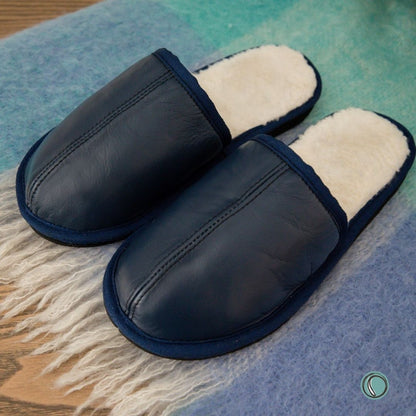 Mule Binding Collar Slippers | Slip-On | Navy Blue | Leather & Sheepskin