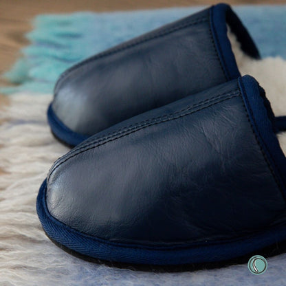 Mule Binding Collar Slippers | Slip-On | Navy Blue | Leather & Sheepskin