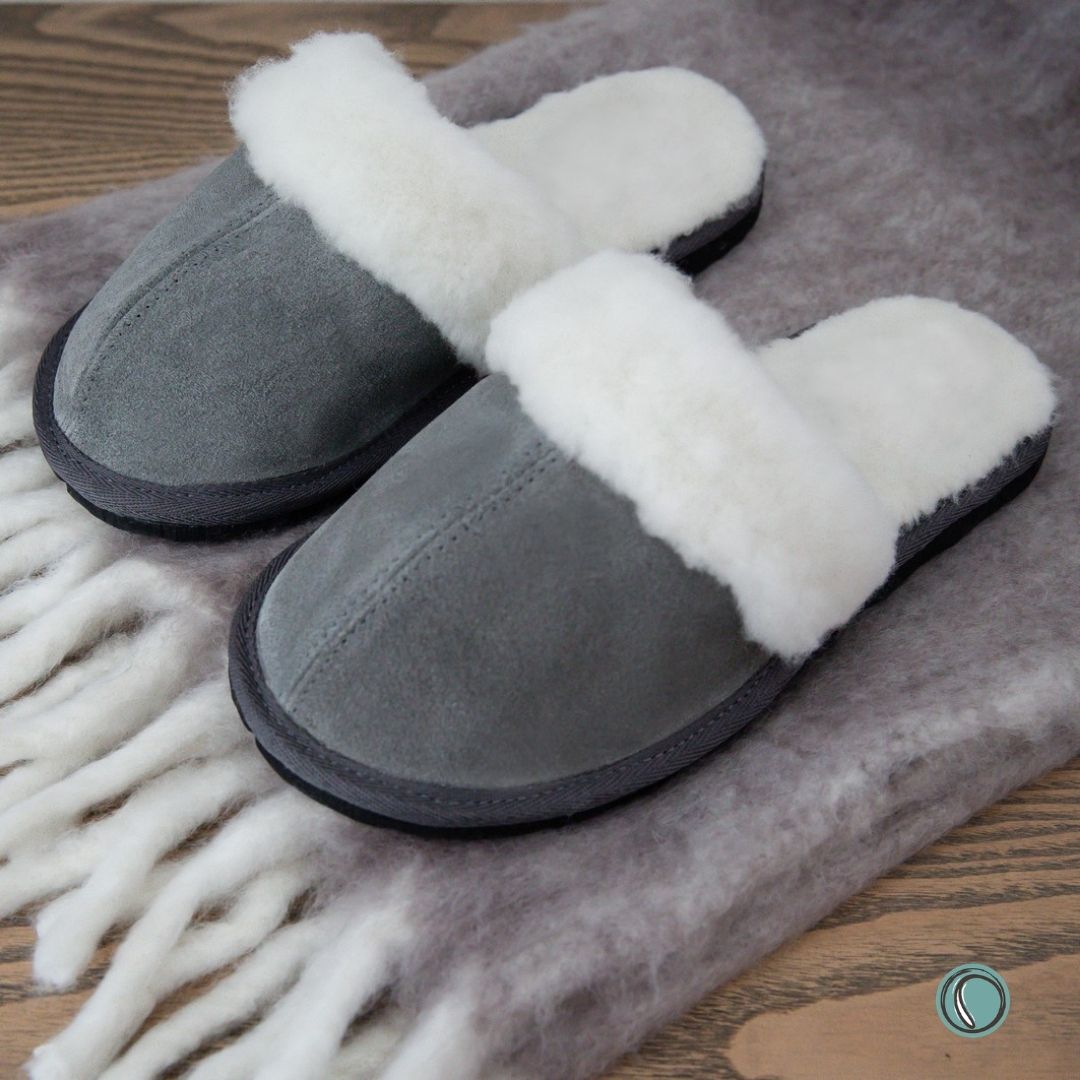 Mule Wool Collar Slippers | Slip-On | Charcoal | Suede & Sheepskin | MADE TO ORDER