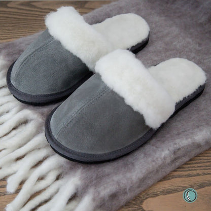 Mule Wool Collar Slippers | Slip-On | Charcoal | Suede & Sheepskin | MADE TO ORDER