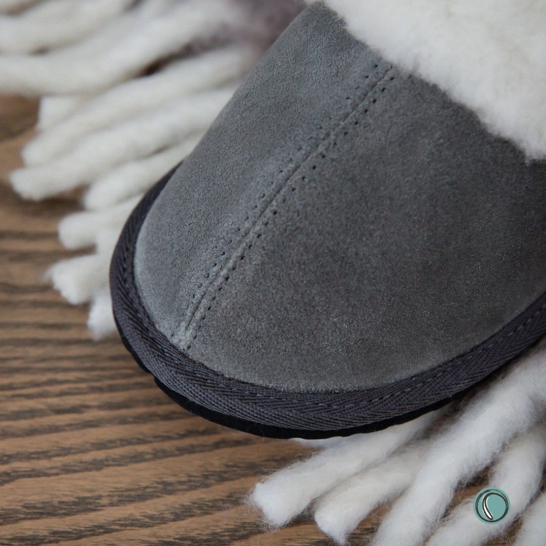 Mule Wool Collar Slippers | Slip-On | Charcoal | Suede & Sheepskin | MADE TO ORDER