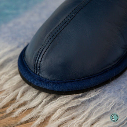 Mule Binding Collar Slippers | Slip-On | Navy Blue | Leather & Sheepskin