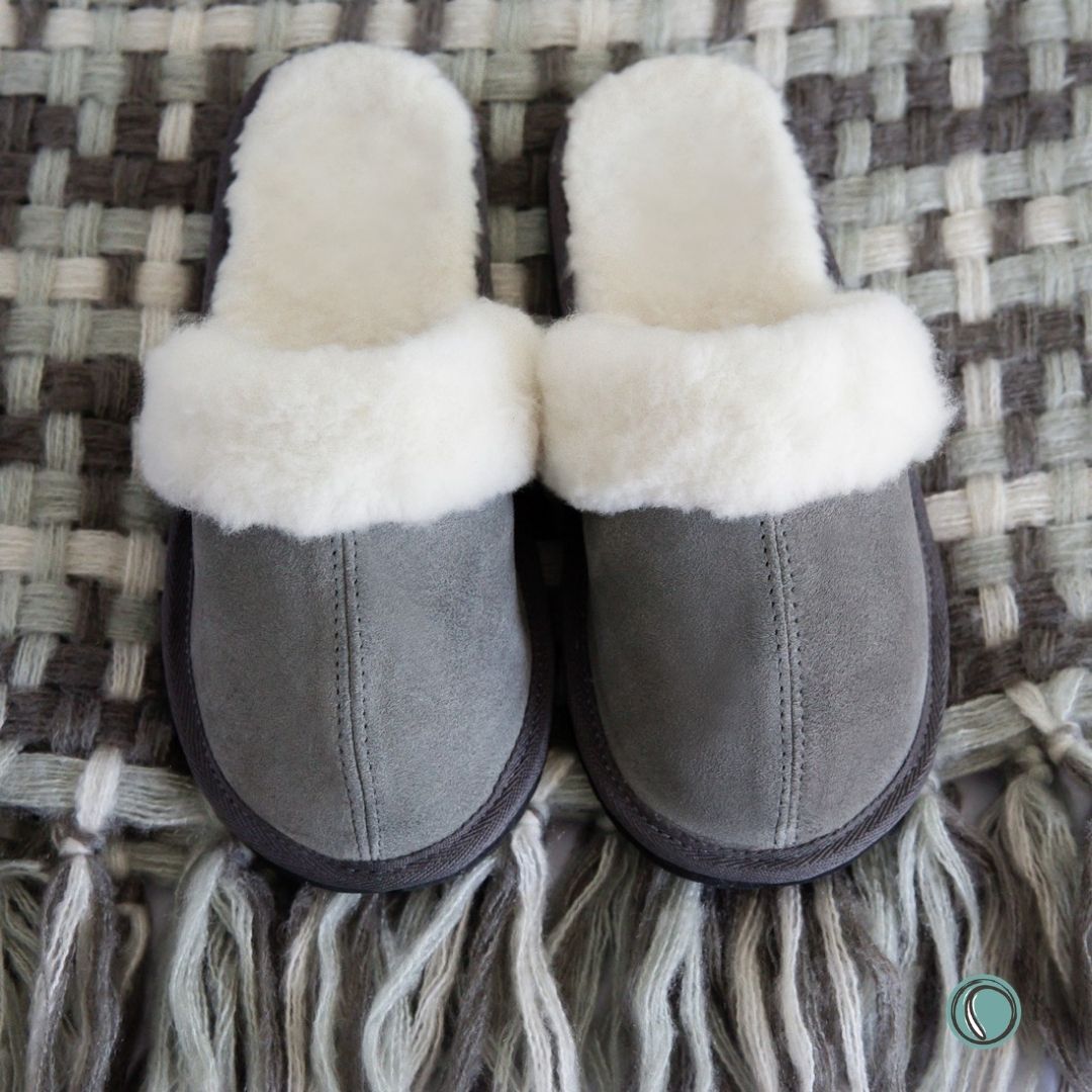Mule Wool Collar Slippers | Slip-On | Charcoal | Suede & Sheepskin | MADE TO ORDER