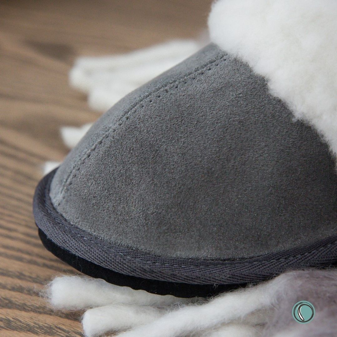 Mule Wool Collar Slippers | Slip-On | Charcoal | Suede & Sheepskin | MADE TO ORDER