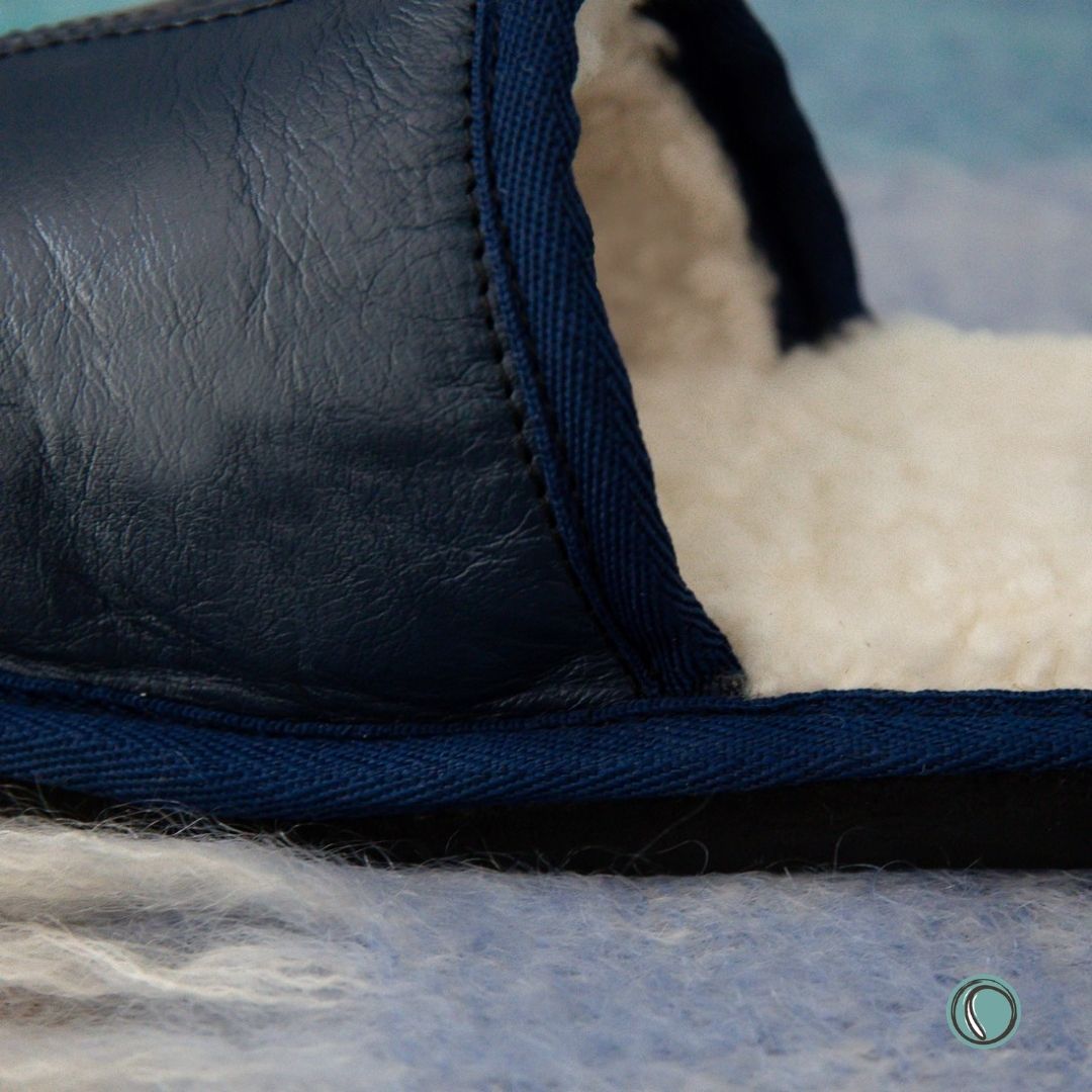 Mule Binding Collar Slippers | Slip-On | Navy Blue | Leather & Sheepskin