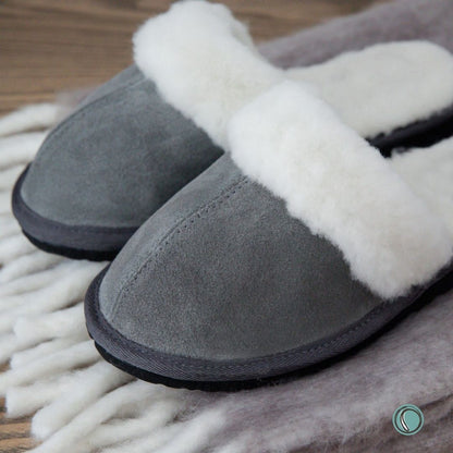 Mule Wool Collar Slippers | Slip-On | Charcoal | Suede & Sheepskin | MADE TO ORDER