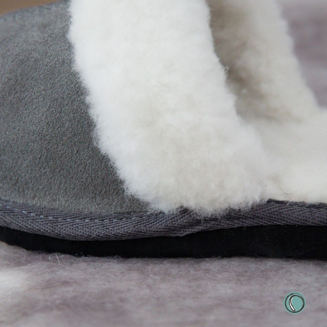 Mule Wool Collar Slippers | Slip-On | Charcoal | Suede & Sheepskin | MADE TO ORDER