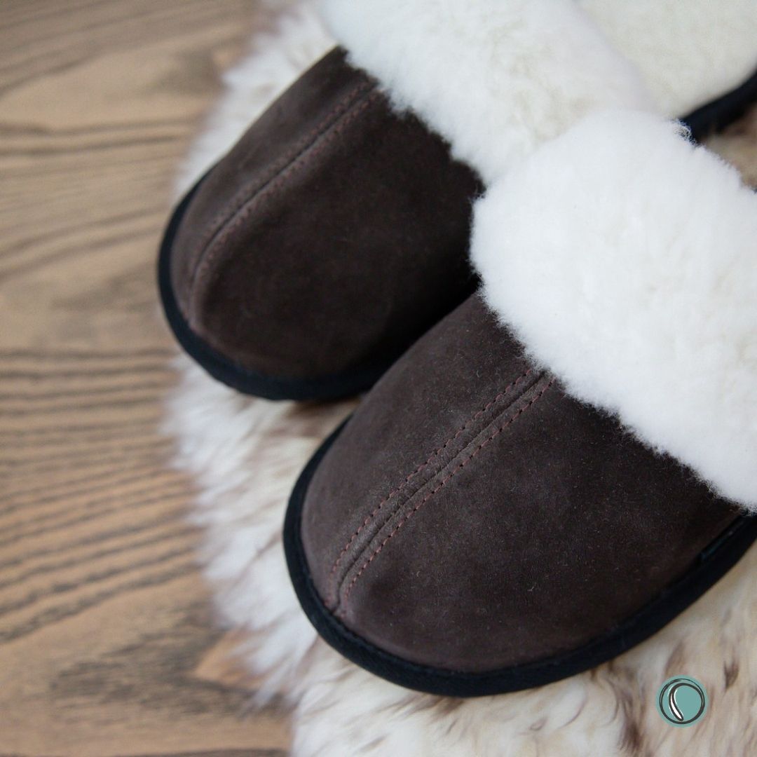 Mule Wool Collar Slippers | Slip-On | Chocolate | Suede & Sheepskin | MADE TO ORDER