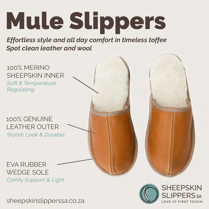 Mule Binding Collar Slippers | Slip-On | Toffee | Leather & Sheepskin