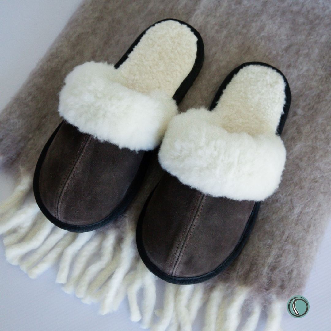 Mule Wool Collar Slippers | Slip-On | Chocolate | Suede & Sheepskin | MADE TO ORDER