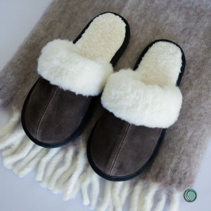 Mule Wool Collar Slippers | Slip-On | Chocolate | Suede & Sheepskin | MADE TO ORDER