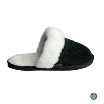 Mule Wool Collar Slippers | Slip-On | Black | Suede & Sheepskin | MADE TO ORDER