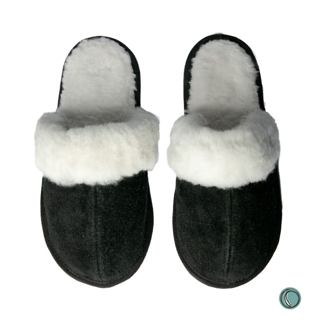 Mule Wool Collar Slippers | Slip-On | Black | Suede & Sheepskin | MADE TO ORDER