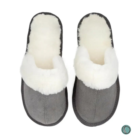Mule Wool Collar Slippers | Slip-On | Charcoal | Suede & Sheepskin | MADE TO ORDER