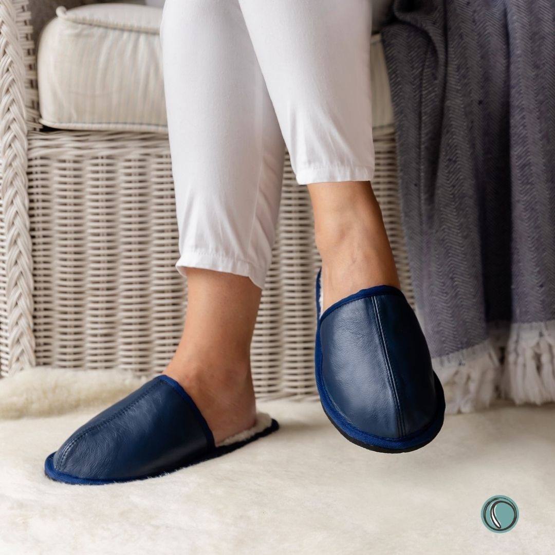 Mule Binding Collar Slippers | Slip-On | Navy Blue | Leather & Sheepskin