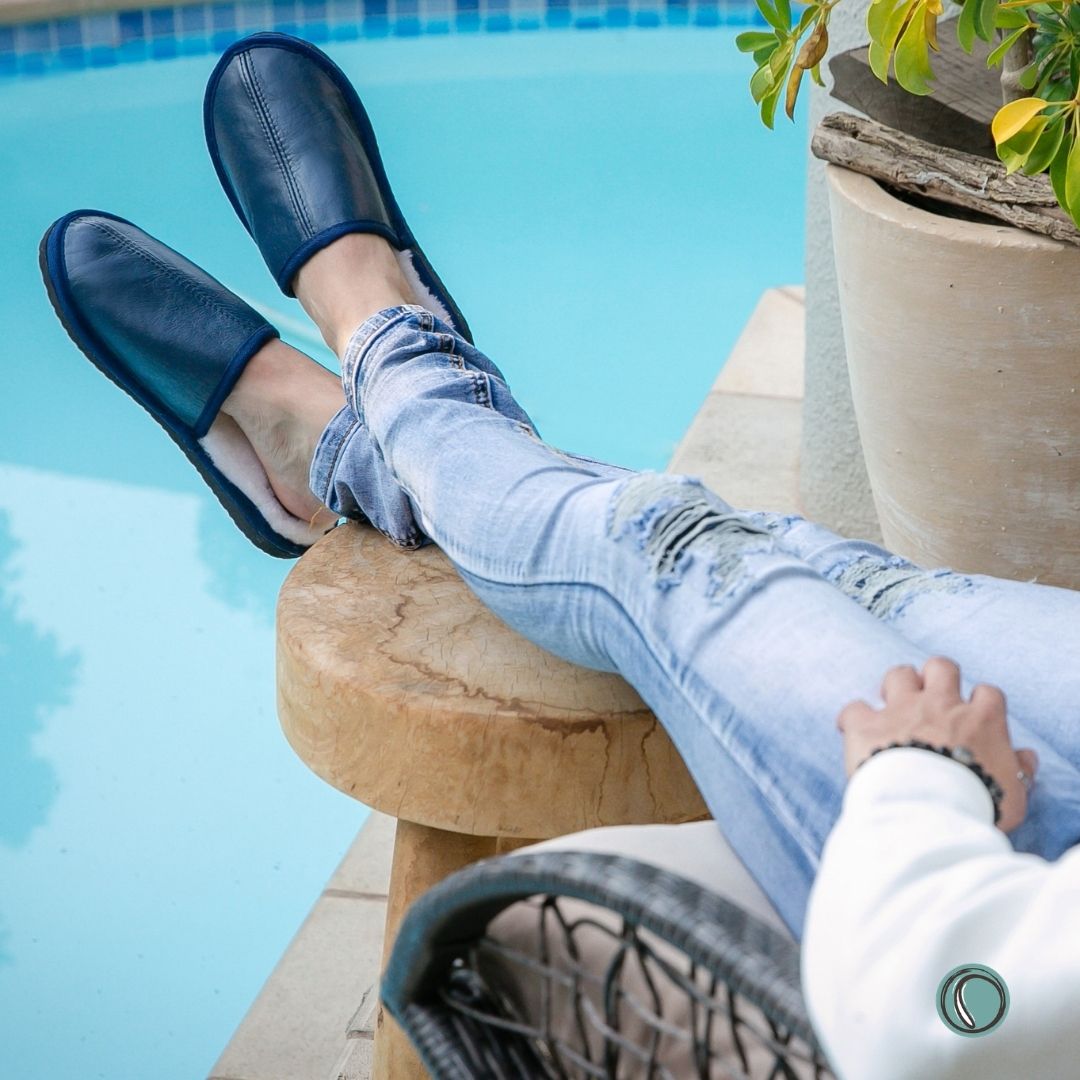 Mule Binding Collar Slippers | Slip-On | Navy Blue | Leather & Sheepskin