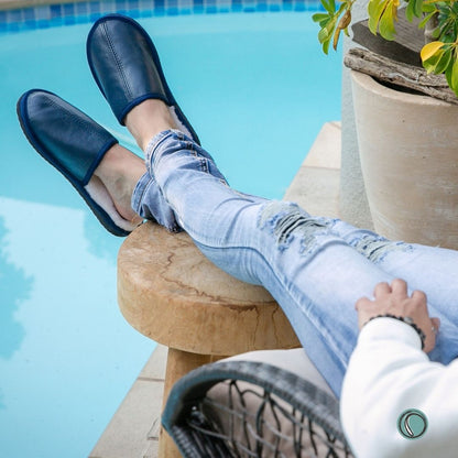 Mule Binding Collar Slippers | Slip-On | Navy Blue | Leather & Sheepskin