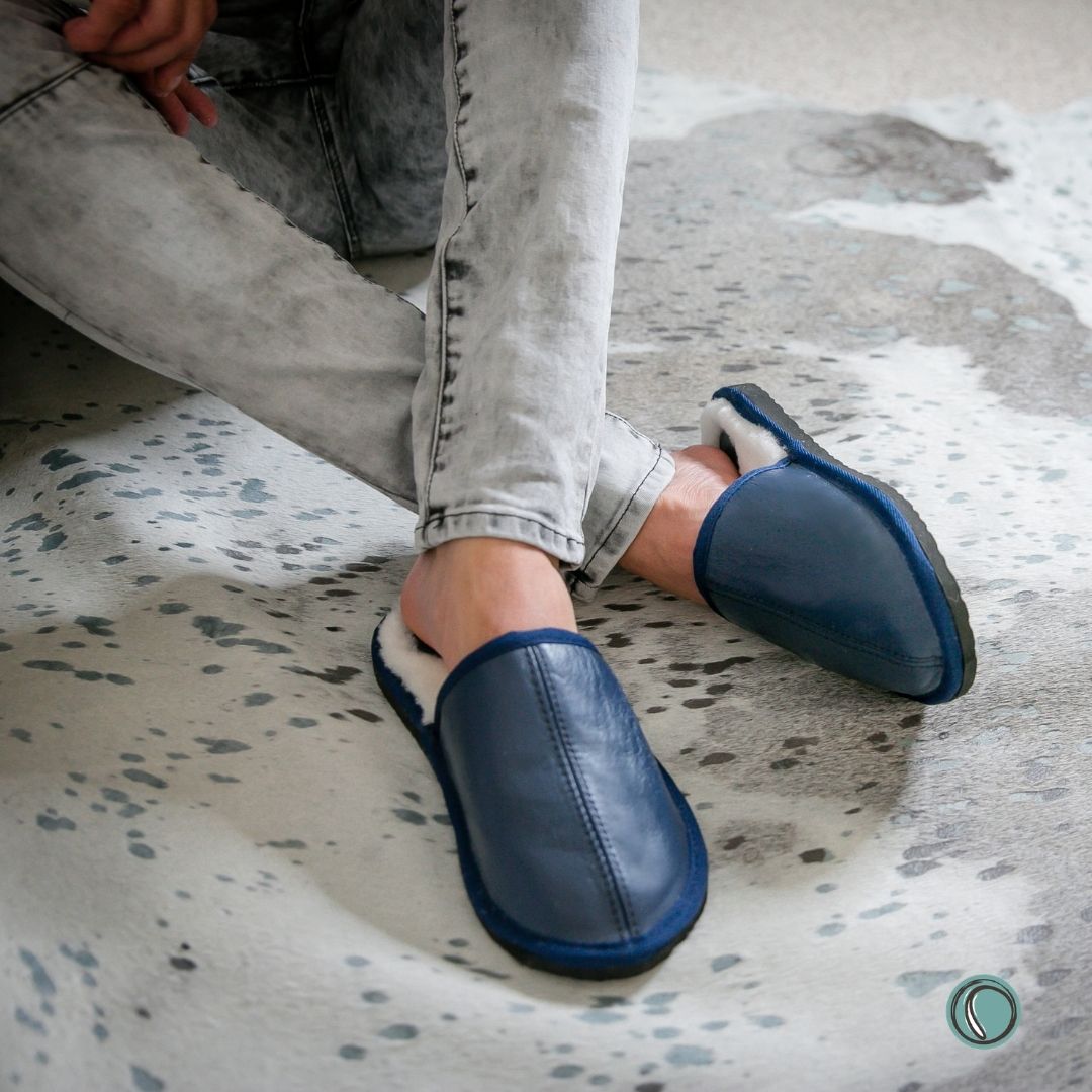 Mule Binding Collar Slippers | Slip-On | Navy Blue | Leather & Sheepskin