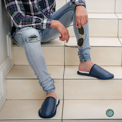 Mule Binding Collar Slippers | Slip-On | Navy Blue | Leather & Sheepskin