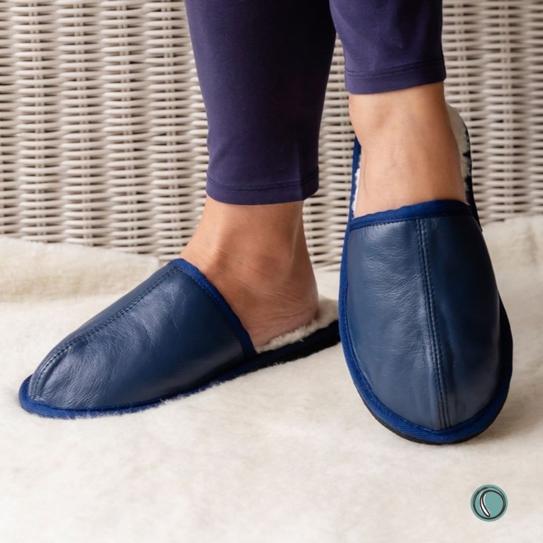 Mule Binding Collar Slippers | Slip-On | Navy Blue | Leather & Sheepskin