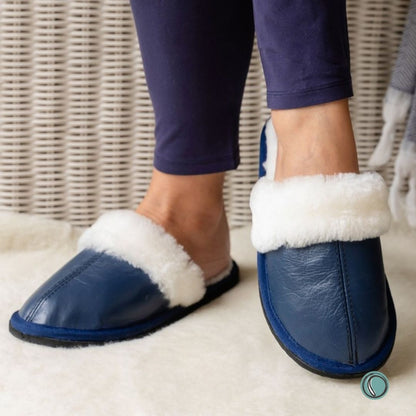 Mule Wool Collar Slippers | Slip-On | Navy Blue | Leather & Sheepskin | MADE TO ORDER