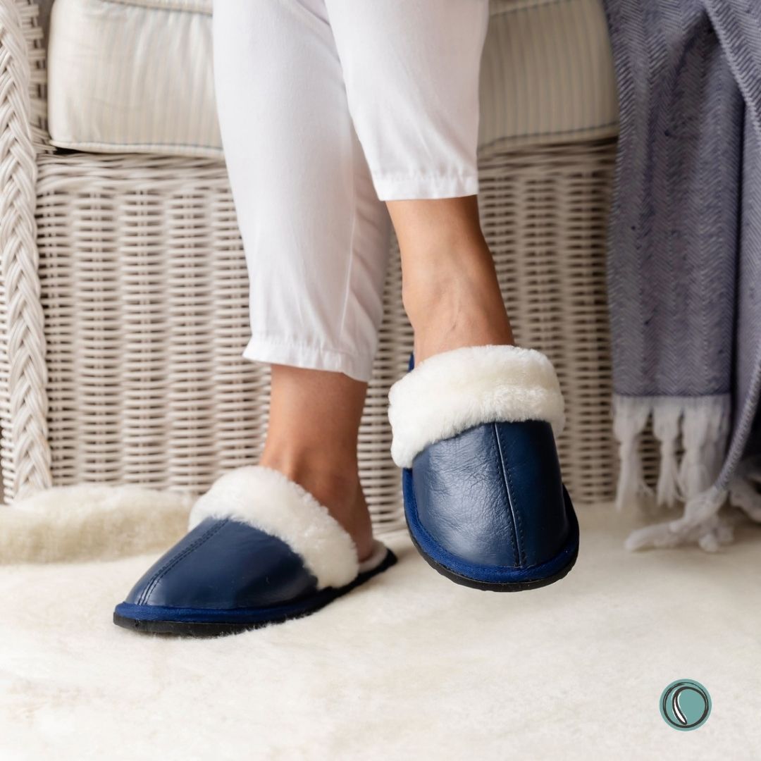 Mule Wool Collar Slippers | Slip-On | Navy Blue | Leather & Sheepskin | MADE TO ORDER