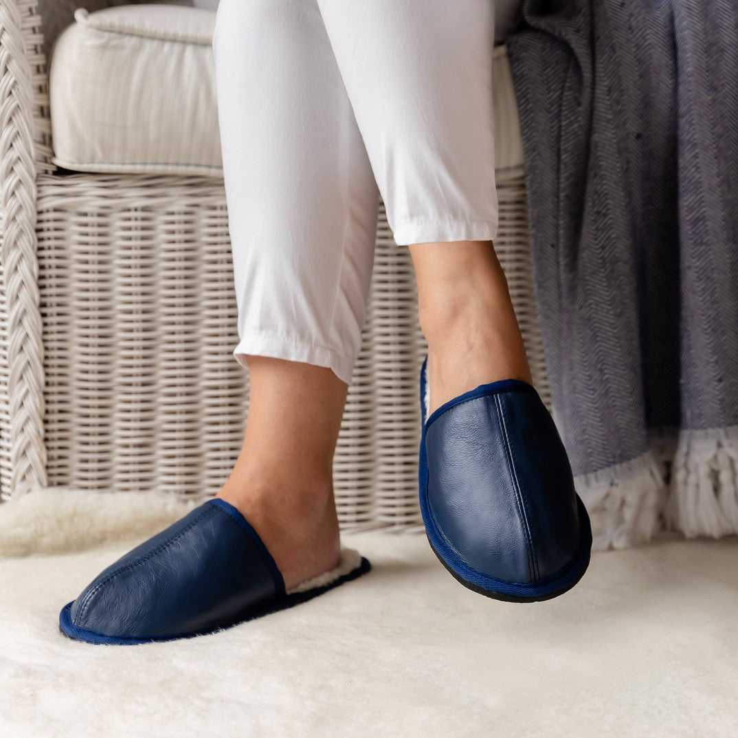 Mule | Navy Blue | Leather | Binding Collar