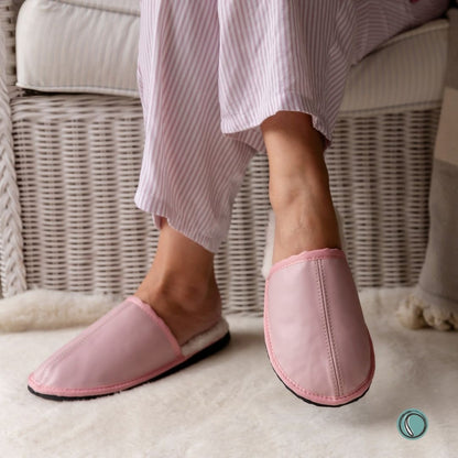 Mule Binding Collar Slippers | Slip-On | Rosy Pink | Leather & Sheepskin