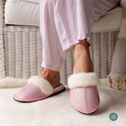 Mule Wool Collar Slippers | Slip-On | Rosy Pink | Leather & Sheepskin