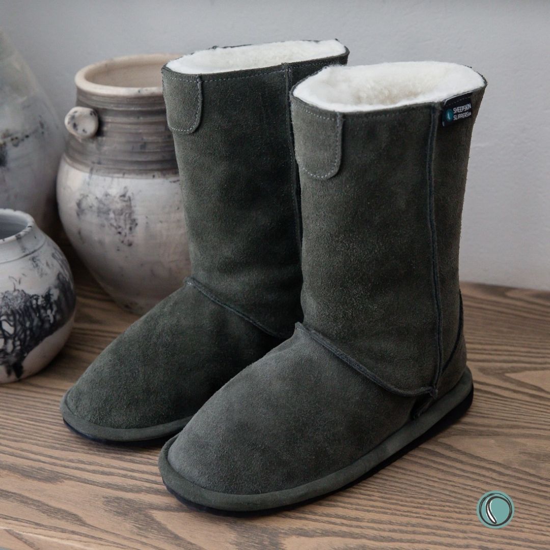 Hugg Boots | Mid-Calf | Olive-Grey | Sheepskin & Suede Boots | MADE TO ORDER