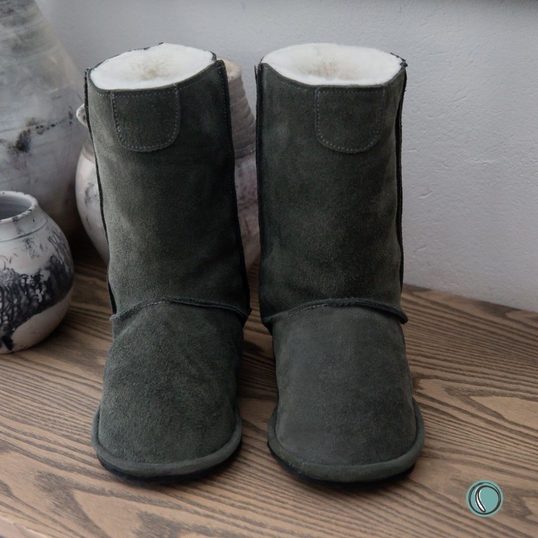 Hugg Boots | Mid-Calf | Olive-Grey | Sheepskin & Suede Boots | MADE TO ORDER