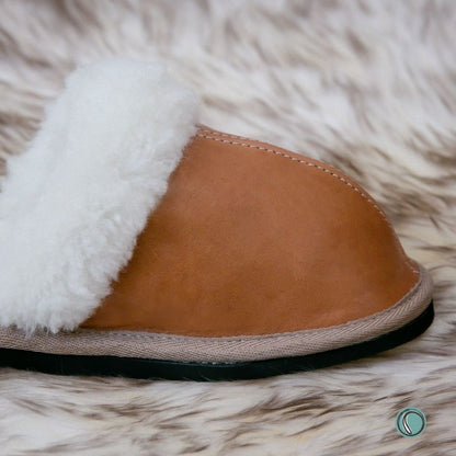 Mule Wool Collar Slippers | Slip-On | Toffee | Leather & Sheepskin | MADE TO ORDER