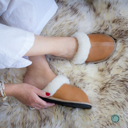 Mule Wool Collar Slippers | Slip-On | Toffee | Leather & Sheepskin | MADE TO ORDER