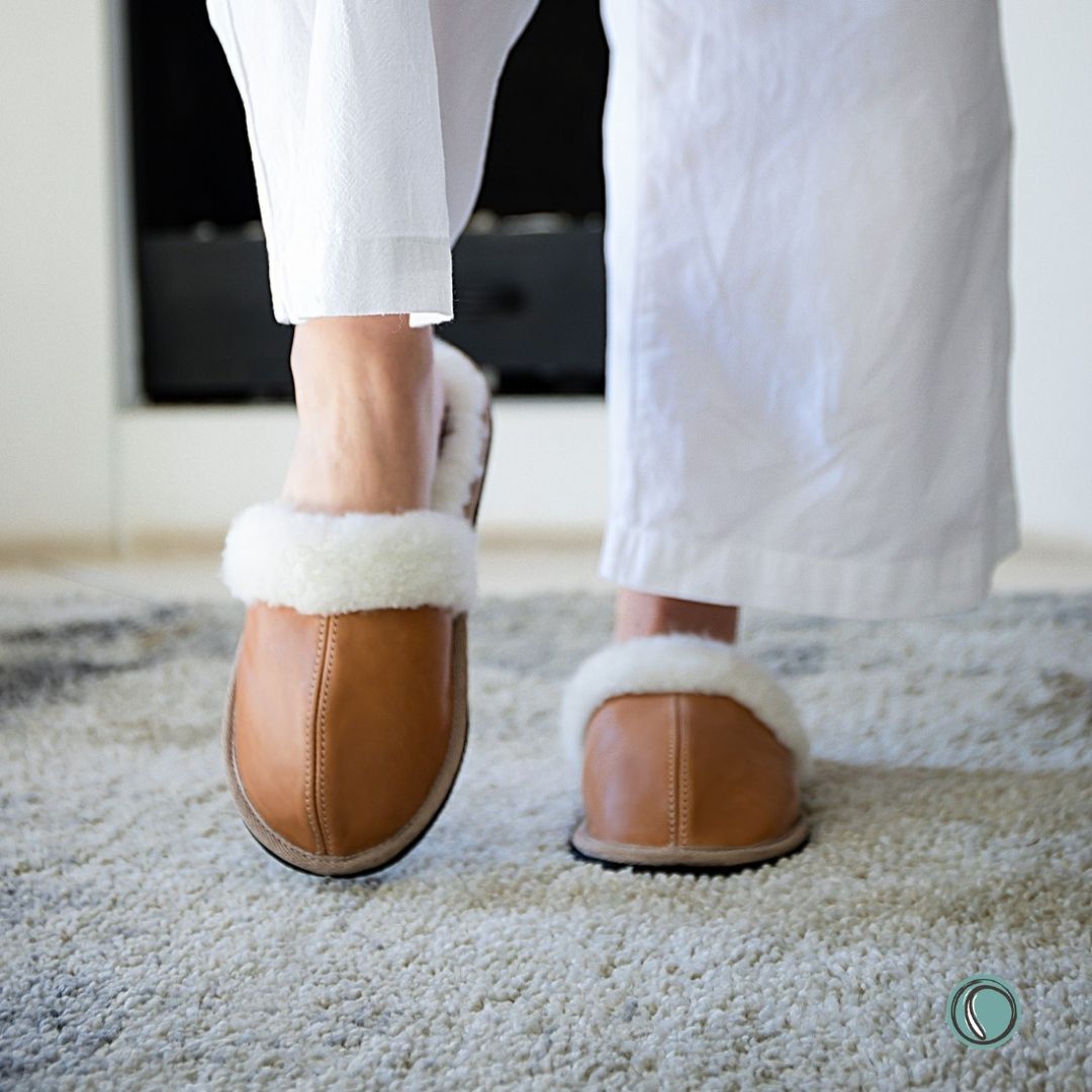 Mule Wool Collar Slippers | Slip-On | Toffee | Leather & Sheepskin | MADE TO ORDER