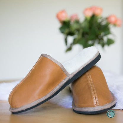 Mule Binding Collar Slippers | Slip-On | Toffee | Leather & Sheepskin