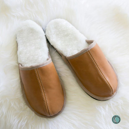 Mule Binding Collar Slippers | Slip-On | Toffee | Leather & Sheepskin