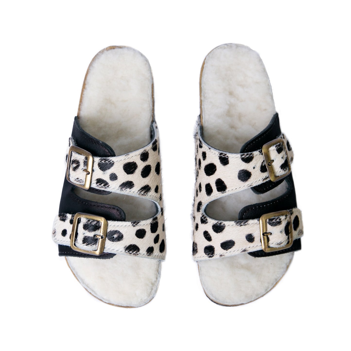 Flockie Sheepskin Slip-On Sandals | Polka Dots On White | Sheepskin, Leather, Cork, Buckles | MADE TO ORDER