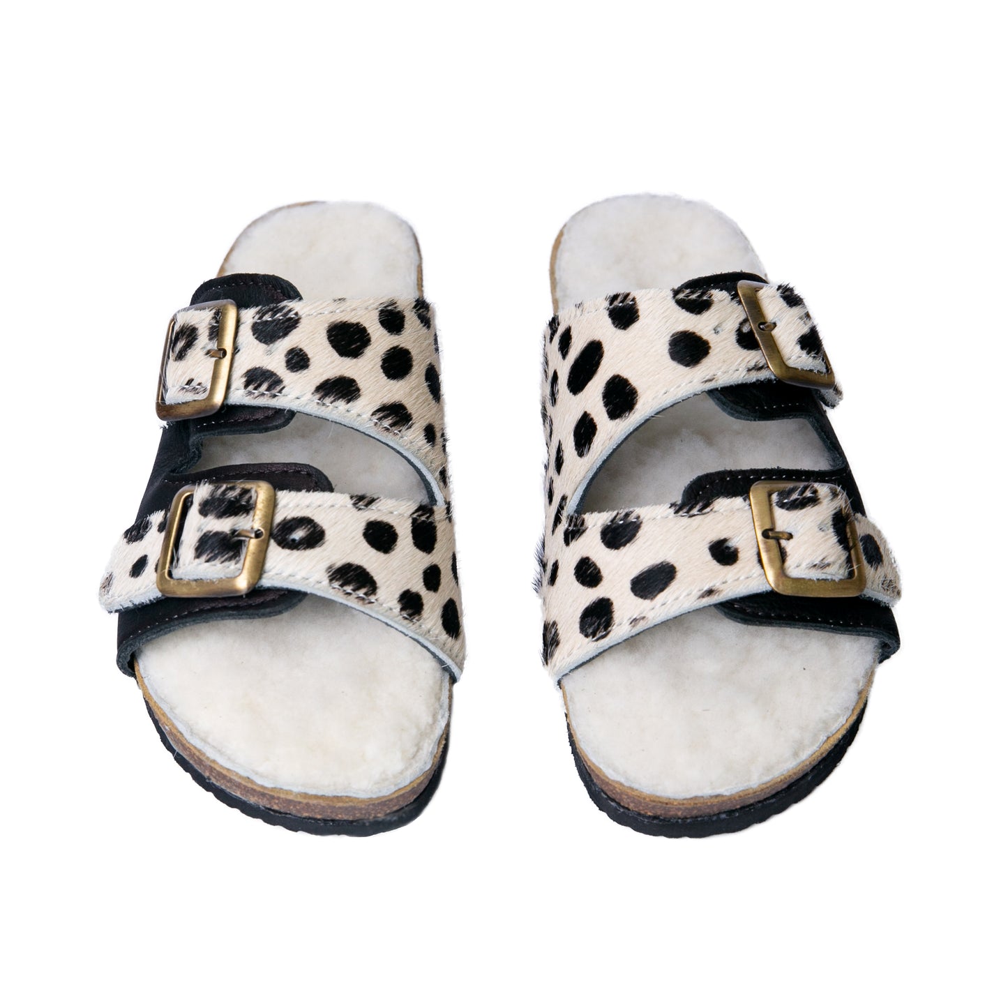 Flockie Sheepskin Slip-On Sandals | Polka Dots On White | Sheepskin, Leather, Cork, Buckles | MADE TO ORDER