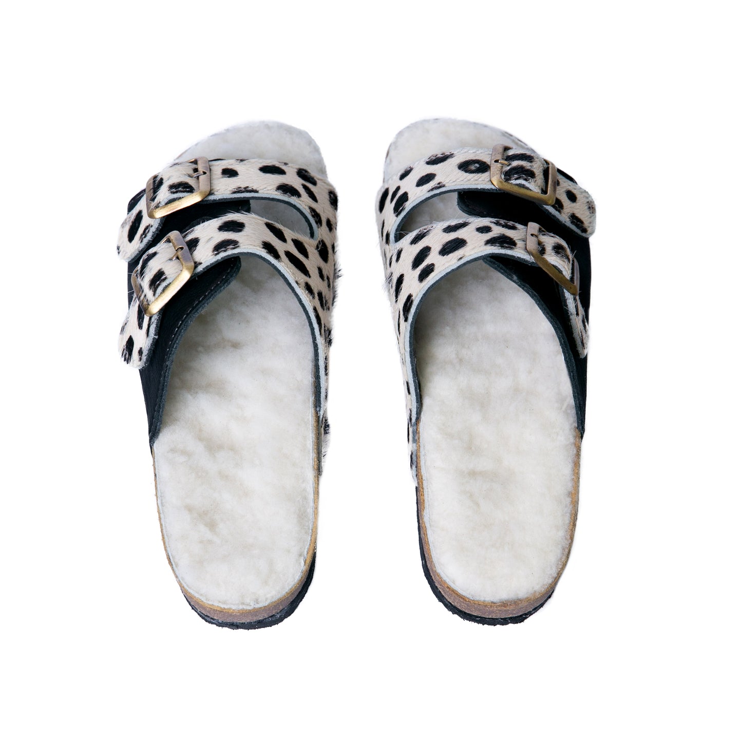Flockie Sheepskin Slip-On Sandals | Polka Dots On White | Sheepskin, Leather, Cork, Buckles | MADE TO ORDER